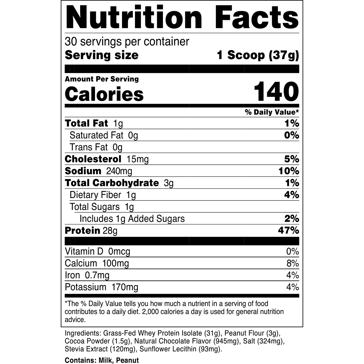 Transparent Labs Grass-Fed Whey Protein Isolate - Chocolate Peanut Butter - Supplement Facts