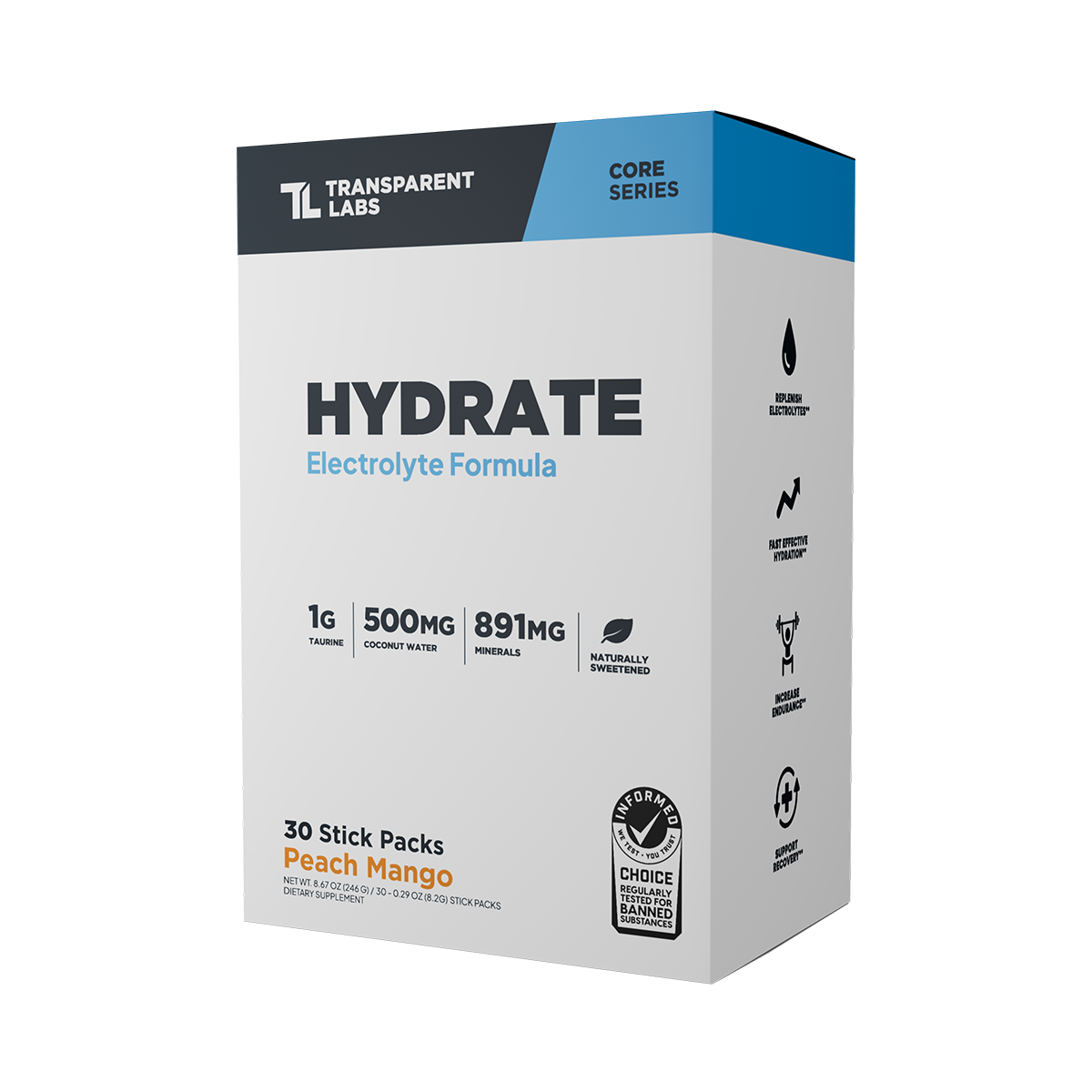 Transparent Labs Hydrate - 30 Stick Packs - Peach Mango