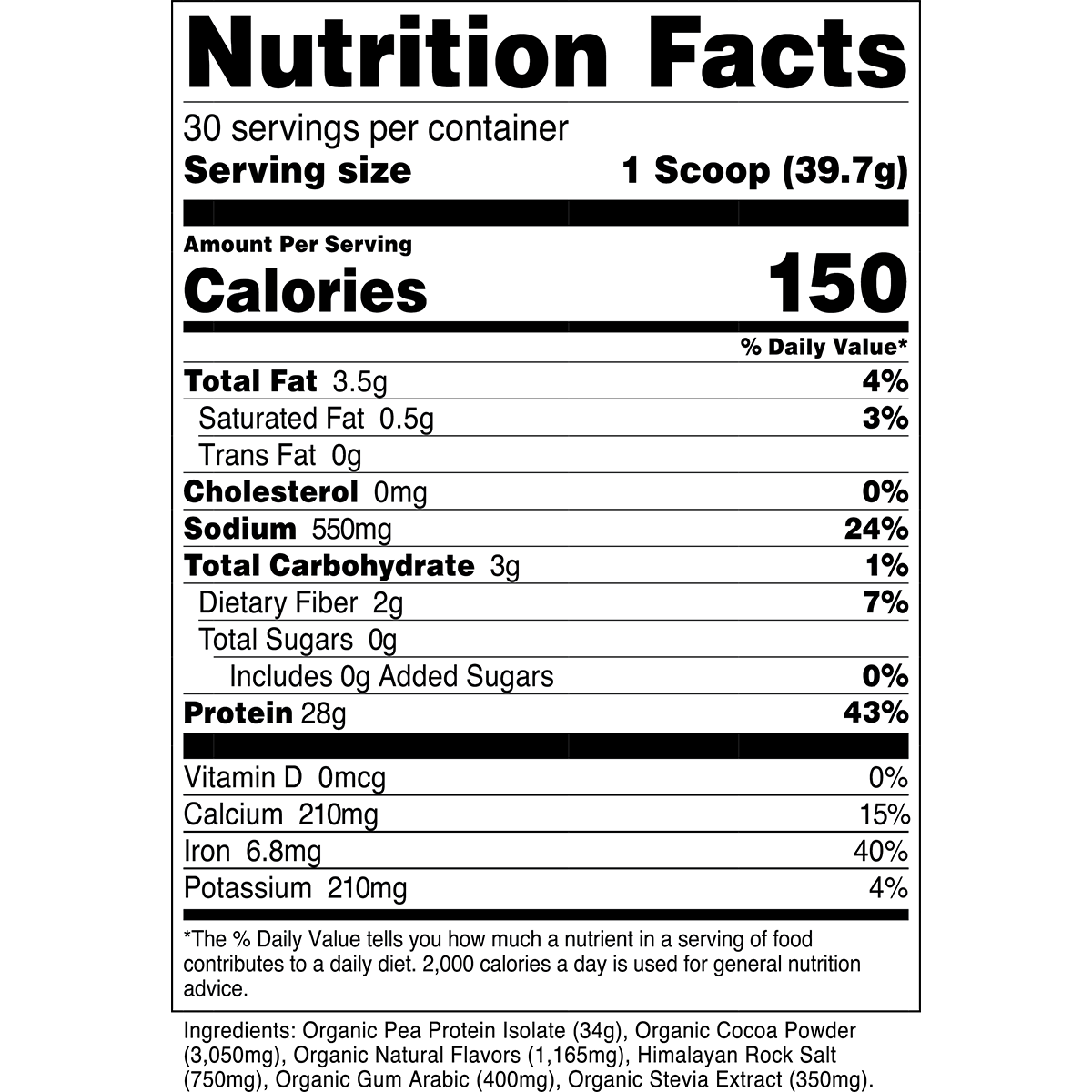 Transparent Labs Pea Protein Isolate - Chocolate - Supplement Facts