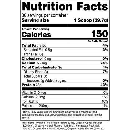 Transparent Labs Pea Protein Isolate - Chocolate - Supplement Facts