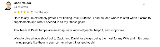 5 star google review for peak nutrition and in body scan