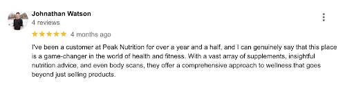 5 star google review for peak nutrition and in body scanner