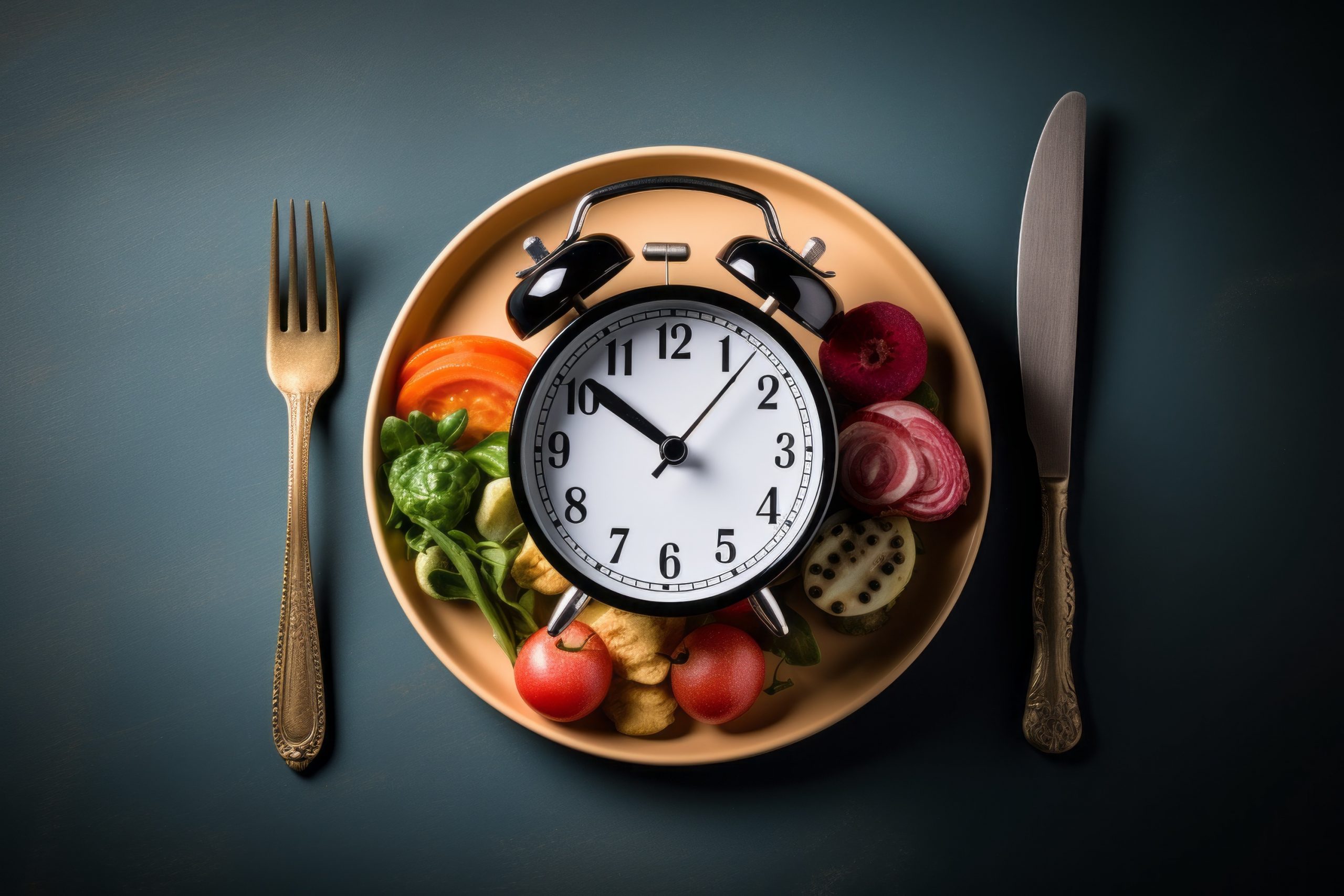 Alarm clock on a plate. The concept of proper regular nutrition. Background with selective focus
